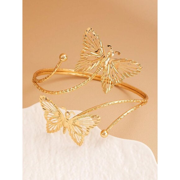 Elegant Gold Butterfly Cuff Bracelet - Adjustable Floral Arm Jewelry for Women - Picture 6 of 9